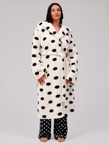 Loungeable Polka Dot Cosy Borg Fleece Hooded Dressing Gown, Cream/Black, Cream/Black