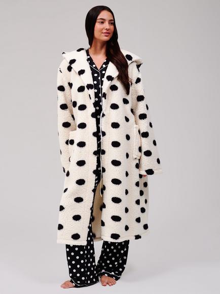 Loungeable Polka Dot Cosy Borg Fleece Hooded Dressing Gown, Cream/Black - view 2, Cream/Black