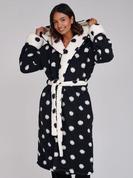 Loungeable Polka Dot Contrast Cosy Borg Fleece Hooded Dressing Gown, White/Black, White/Black