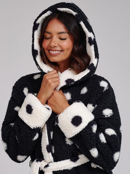 Loungeable Polka Dot Contrast Cosy Borg Fleece Hooded Dressing Gown, White/Black - view 2, White/Black