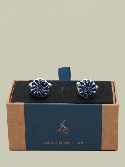 Charles Tyrwhitt Enamel Flower Cufflinks, Navy - view 2, Navy