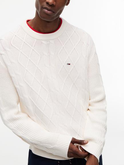 Tommy Hilfiger Tommy Flag Cable Knit Jumper, Off White - view 2, Off White