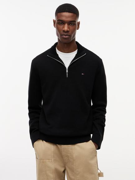 Tommy Jeans Slim Fit Cotton Zip-Neck Jumper, Black
