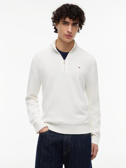 Tommy Jeans Slim Fit Cotton Zip-Neck Jumper, White