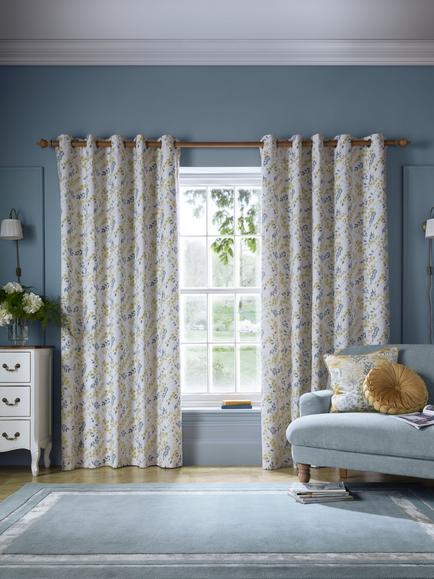 Laura Ashley Longston Sprig Pair Lined Eyelet Curtains, Ochre Yellow, Ochre Yellow