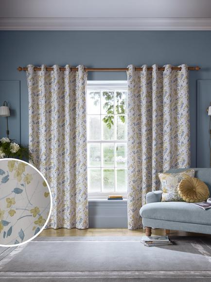 Laura Ashley Longston Sprig Pair Lined Eyelet Curtains, Ochre Yellow - view 2, Ochre Yellow