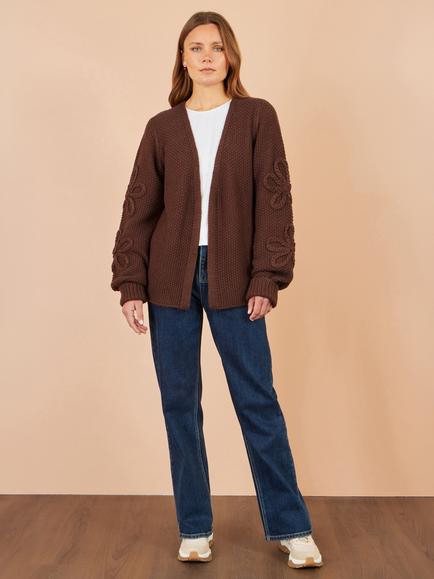 Yumi Floral Sleeve Chunky Knit Cardigan, Brown - view 2, Brown