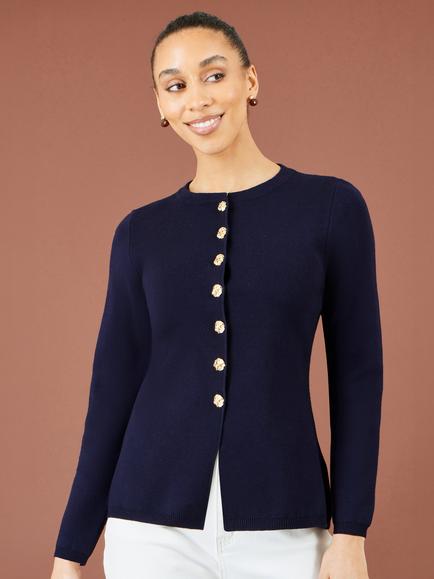 Yumi Peplum Round Neck Cardigan, Navy
