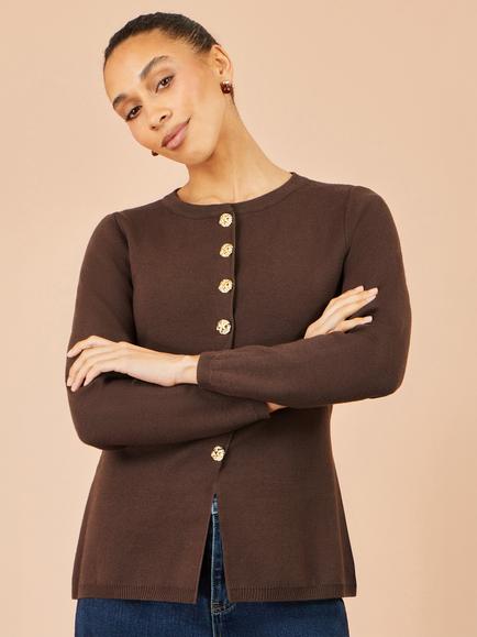 Yumi Peplum Round Neck Cardigan, Brown