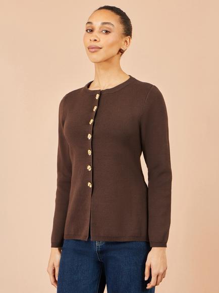 Yumi Peplum Round Neck Cardigan - view 2, Brown