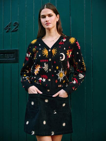 Yumi Knitted Cosmic V-Neck Cardigan, Black, Black