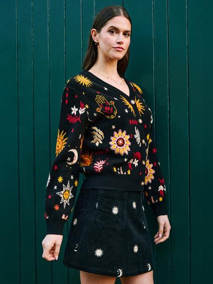 Yumi Knitted Cosmic V-Neck Cardigan, Black - view 2, Black
