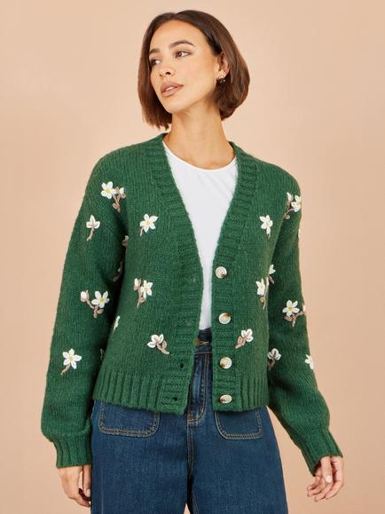 Yumi Floral Embroidered V-Neck Cardigan, Green/Multi, Green/Multi