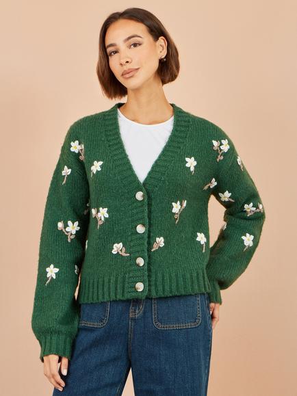 Yumi Floral Embroidered V-Neck Cardigan, Green/Multi - view 2, Green/Multi