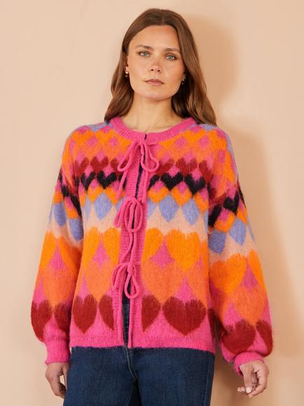 Yumi Argyll Tie Front Cardigan, Multi, Multi