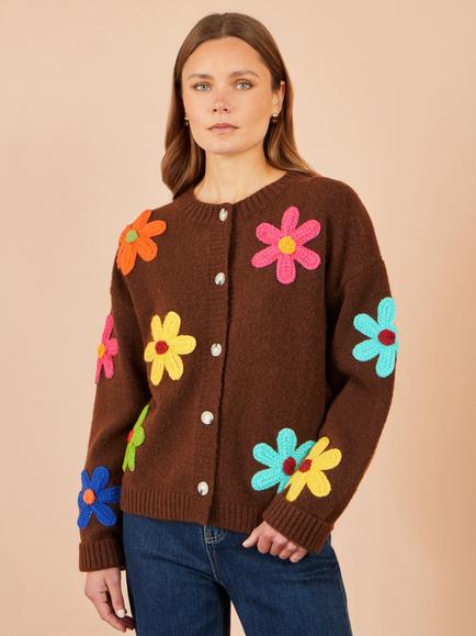 Yumi Floral Applique Knit Cardigan, Brown/Multi