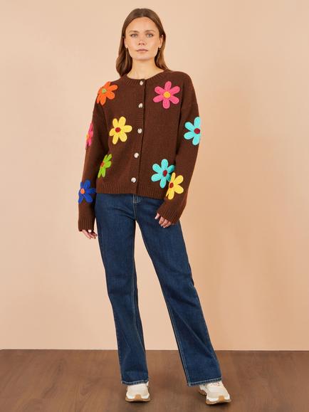 Yumi Floral Applique Knit Cardigan - view 2, Brown/Multi