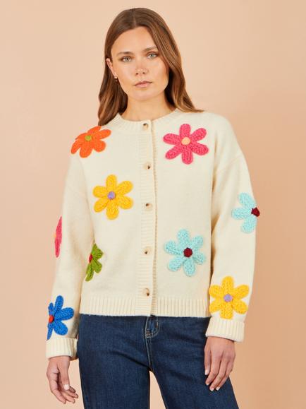 Yumi Floral Applique Knit Cardigan, Ivory/Multi