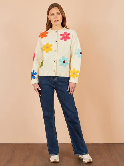 Yumi Floral Applique Knit Cardigan - view 2, Ivory/Multi