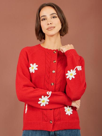Yumi Daisy Cable Knit Cardigan, Red/Multi