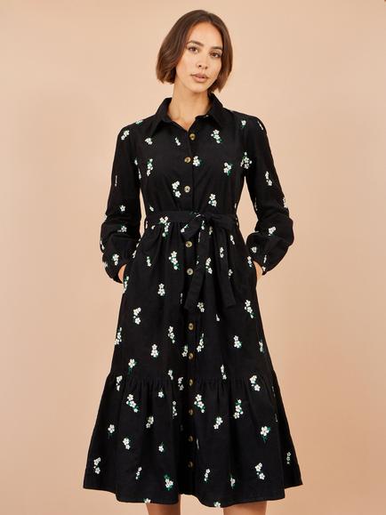 Yumi Embroidered A-Line Midi Daisy Shirt Dress, Black, Black