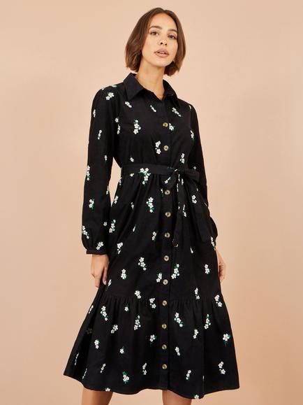 Yumi Embroidered A-Line Midi Daisy Shirt Dress, Black - view 2, Black