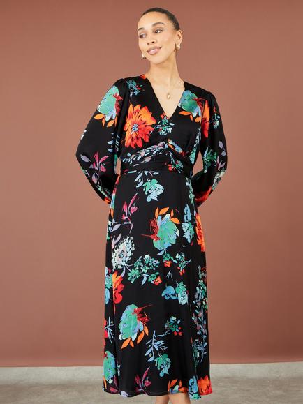 Yumi Floral Fit and Flare V-Neck Midi Dress, Black, Black