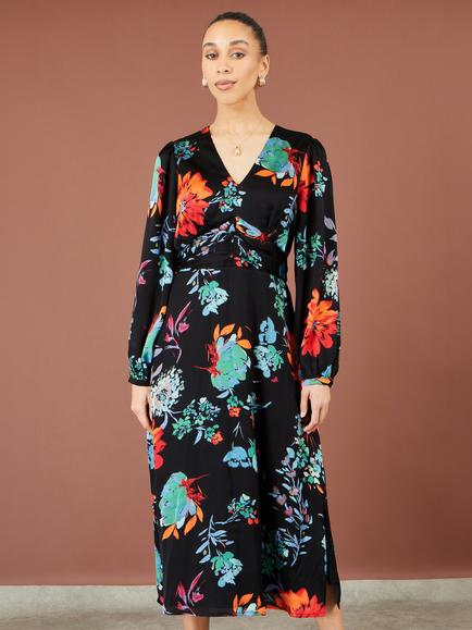 Yumi Floral Fit and Flare V-Neck Midi Dress, Black - view 2, Black