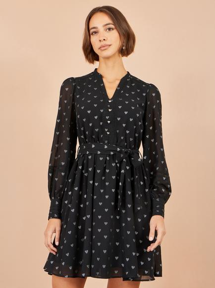 Yumi Long Sleeve Heart Print Fit and Flare Mini Dress, Black, Black
