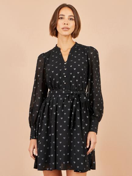 Yumi Long Sleeve Heart Print Fit and Flare Mini Dress, Black - view 2, Black