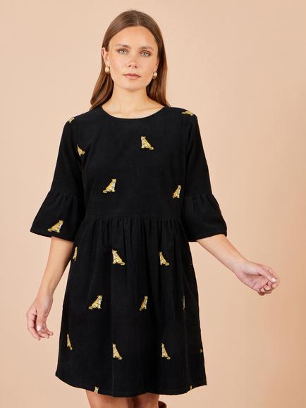 Yumi Embroidered Leopard Cord Tunic Dress, Black, Black