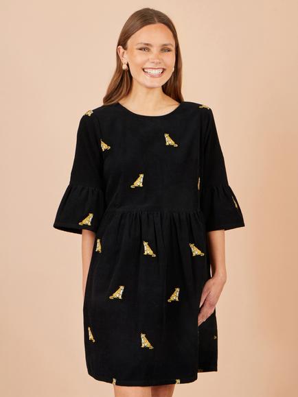 Yumi Embroidered Leopard Cord Tunic Dress, Black - view 2, Black