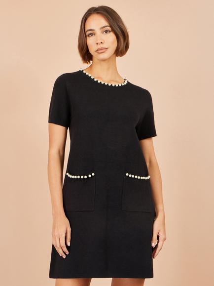Yumi Pearl Embellished Knit Tunic Mini Dress, Black, Black