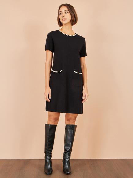 Yumi Pearl Embellished Knit Tunic Mini Dress, Black - view 2, Black