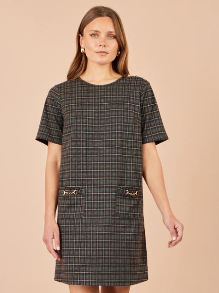 Yumi Short Sleeve Check Tunic Mini Dress, Brown, Brown