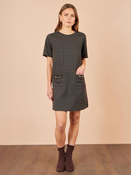 Yumi Short Sleeve Check Tunic Mini Dress, Brown - view 2, Brown