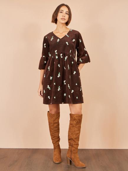 Yumi Daisy Corduroy A-Line Mini Dress, Brown - view 2, Brown