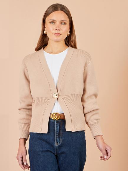 Yumi Knitted Button V-Neck Cardigan, Beige, Beige