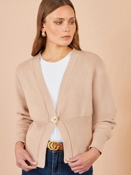 Yumi Knitted Button V-Neck Cardigan, Beige - view 2, Beige