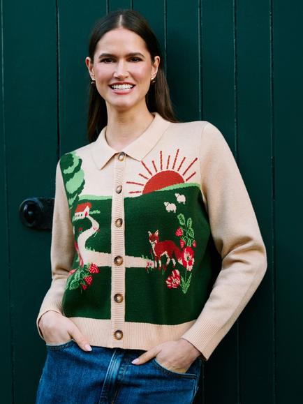 Yumi Fox Scene Button Front Cardigan, Oatmeal, Oatmeal