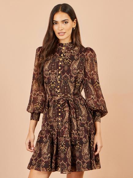 Yumi Paisley Print Fit & Flare Mini Dress, Brown/Multi, Brown/Multi