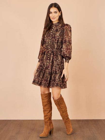 Yumi Paisley Print Fit & Flare Mini Dress, Brown/Multi - view 2, Brown/Multi