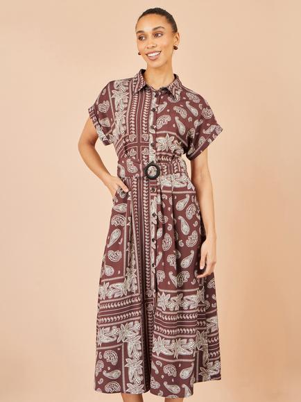 Yumi Paisley Print A-Line Midi Shirt Dress, Brown/Multi, Brown/Multi