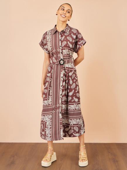 Yumi Paisley Print A-Line Midi Shirt Dress, Brown/Multi - view 2, Brown/Multi