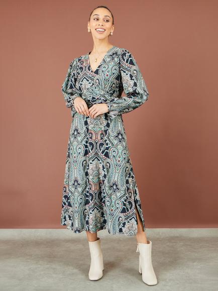 Yumi Paisley V-Neck A-Line Midi Dress, Multi - view 2, Multi