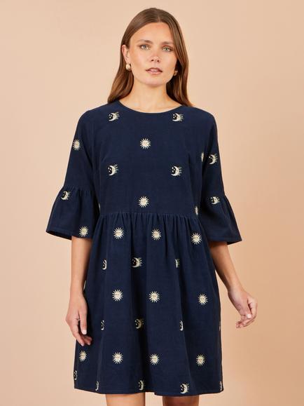 Yumi Cosmic Corduroy Short Sleeve Embroidered Tunic Mini Dress, Navy, Navy