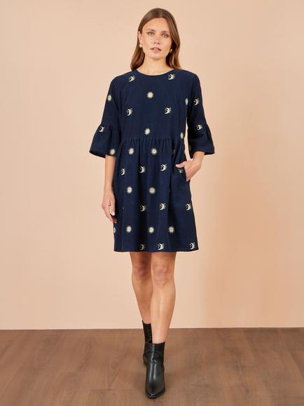Yumi Cosmic Corduroy Short Sleeve Embroidered Tunic Mini Dress, Navy - view 2, Navy
