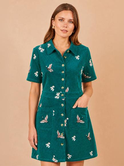 Yumi Crane Floral Embroidered Short Sleeve Corduroy Shirt Dress, Teal/Multi, Teal/Multi
