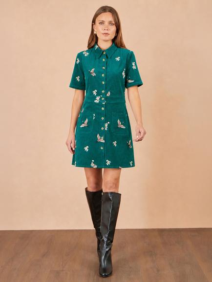 Yumi Crane Floral Embroidered Short Sleeve Corduroy Shirt Dress, Teal/Multi - view 2, Teal/Multi