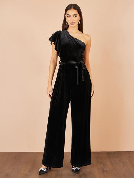 Yumi Velvet One Shoulder Wide Leg Jumpsuit, Black, Black